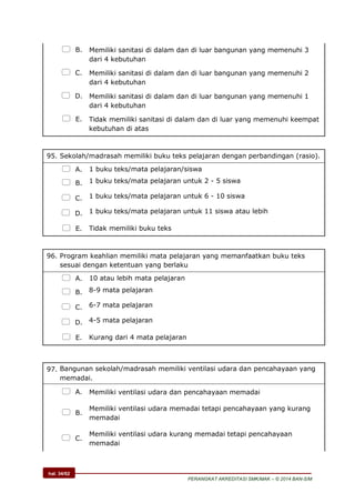 hal. 34/62
PERANGKAT AKREDITASI SMK/MAK – © 2014 BAN-S/M
 B. Memiliki sanitasi di dalam dan di luar bangunan yang memenuhi 3
dari 4 kebutuhan
 C. Memiliki sanitasi di dalam dan di luar bangunan yang memenuhi 2
dari 4 kebutuhan
 D. Memiliki sanitasi di dalam dan di luar bangunan yang memenuhi 1
dari 4 kebutuhan
 E. Tidak memiliki sanitasi di dalam dan di luar yang memenuhi keempat
kebutuhan di atas
95. Sekolah/madrasah memiliki buku teks pelajaran dengan perbandingan (rasio).
 A. 1 buku teks/mata pelajaran/siswa
 B. 1 buku teks/mata pelajaran untuk 2 - 5 siswa
 C. 1 buku teks/mata pelajaran untuk 6 - 10 siswa
 D. 1 buku teks/mata pelajaran untuk 11 siswa atau lebih
 E. Tidak memiliki buku teks
96. Program keahlian memiliki mata pelajaran yang memanfaatkan buku teks
sesuai dengan ketentuan yang berlaku
 A. 10 atau lebih mata pelajaran
 B. 8-9 mata pelajaran
 C. 6-7 mata pelajaran
 D. 4-5 mata pelajaran
 E. Kurang dari 4 mata pelajaran
97. Bangunan sekolah/madrasah memiliki ventilasi udara dan pencahayaan yang
memadai.
 A. Memiliki ventilasi udara dan pencahayaan memadai
 B.
Memiliki ventilasi udara memadai tetapi pencahayaan yang kurang
memadai
 C.
Memiliki ventilasi udara kurang memadai tetapi pencahayaan
memadai
 