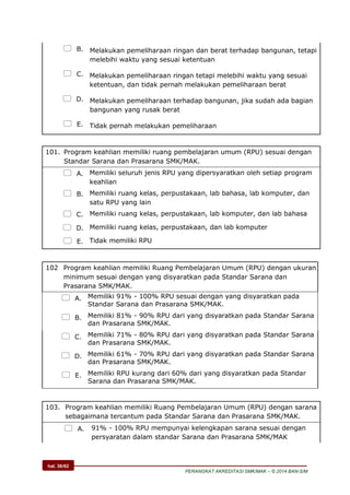 hal. 36/62
PERANGKAT AKREDITASI SMK/MAK – © 2014 BAN-S/M
 B. Melakukan pemeliharaan ringan dan berat terhadap bangunan, tetapi
melebihi waktu yang sesuai ketentuan
 C. Melakukan pemeliharaan ringan tetapi melebihi waktu yang sesuai
ketentuan, dan tidak pernah melakukan pemeliharaan berat
 D. Melakukan pemeliharaan terhadap bangunan, jika sudah ada bagian
bangunan yang rusak berat
 E. Tidak pernah melakukan pemeliharaan
101. Program keahlian memiliki ruang pembelajaran umum (RPU) sesuai dengan
Standar Sarana dan Prasarana SMK/MAK.
 A. Memiliki seluruh jenis RPU yang dipersyaratkan oleh setiap program
keahlian
 B. Memiliki ruang kelas, perpustakaan, lab bahasa, lab komputer, dan
satu RPU yang lain
 C. Memiliki ruang kelas, perpustakaan, lab komputer, dan lab bahasa
 D. Memiliki ruang kelas, perpustakaan, dan lab komputer
 E. Tidak memiliki RPU
102 Program keahlian memiliki Ruang Pembelajaran Umum (RPU) dengan ukuran
minimum sesuai dengan yang disyaratkan pada Standar Sarana dan
Prasarana SMK/MAK.
 A. Memiliki 91% - 100% RPU sesuai dengan yang disyaratkan pada
Standar Sarana dan Prasarana SMK/MAK.
 B. Memiliki 81% - 90% RPU dari yang disyaratkan pada Standar Sarana
dan Prasarana SMK/MAK.
 C. Memiliki 71% - 80% RPU dari yang disyaratkan pada Standar Sarana
dan Prasarana SMK/MAK.
 D. Memiliki 61% - 70% RPU dari yang disyaratkan pada Standar Sarana
dan Prasarana SMK/MAK.
 E. Memiliki RPU kurang dari 60% dari yang disyaratkan pada Standar
Sarana dan Prasarana SMK/MAK.
103. Program keahlian memiliki Ruang Pembelajaran Umum (RPU) dengan sarana
sebagaimana tercantum pada Standar Sarana dan Prasarana SMK/MAK.
 A. 91% - 100% RPU mempunyai kelengkapan sarana sesuai dengan
persyaratan dalam standar Sarana dan Prasarana SMK/MAK
 