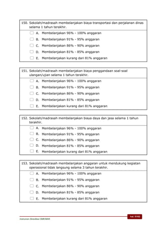 hal. 51/62
Instrumen Akreditasi SMK/MAK
150. Sekolah/madrasah membelanjakan biaya transportasi dan perjalanan dinas
selama 1 tahun terakhir.
 A. Membelanjakan 96% - 100% anggaran
 B. Membelanjakan 91% - 95% anggaran
 C. Membelanjakan 86% - 90% anggaran
 D. Membelanjakan 81% - 85% anggaran
 E. Membelanjakan kurang dari 81% anggaran
151. Sekolah/madrasah membelanjakan biaya penggandaan soal-soal
ulangan/ujian selama 1 tahun terakhir.
 A. Membelanjakan 96% - 100% anggaran
 B. Membelanjakan 91% - 95% anggaran
 C. Membelanjakan 86% - 90% anggaran
 D. Membelanjakan 81% - 85% anggaran
 E. Membelanjakan kurang dari 81% anggaran
152. Sekolah/madrasah membelanjakan biaya daya dan jasa selama 1 tahun
terakhir.
 A. Membelanjakan 96% - 100% anggaran
 B. Membelanjakan 91% - 95% anggaran
 C. Membelanjakan 86% - 90% anggaran
 D. Membelanjakan 81% - 85% anggaran
 E. Membelanjakan kurang dari 81% anggaran
153. Sekolah/madrasah membelanjakan anggaran untuk mendukung kegiatan
operasional tidak langsung selama 3 tahun terakhir.
 A. Membelanjakan 96% - 100% anggaran
 B. Membelanjakan 91% - 95% anggaran
 C. Membelanjakan 86% - 90% anggaran
 D. Membelanjakan 81% - 85% anggaran
 E. Membelanjakan kurang dari 81% anggaran
 