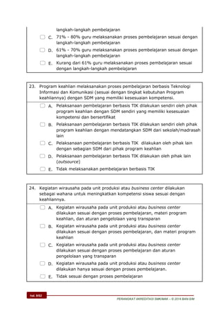 hal. 8/62
PERANGKAT AKREDITASI SMK/MAK – © 2014 BAN-S/M
langkah-langkah pembelajaran
 C. 71% - 80% guru melaksanakan proses pembelajaran sesuai dengan
langkah-langkah pembelajaran
 D. 61% - 70% guru melaksanakan proses pembelajaran sesuai dengan
langkah-langkah pembelajaran
 E. Kurang dari 61% guru melaksanakan proses pembelajaran sesuai
dengan langkah-langkah pembelajaran
23. Program keahlian melaksanakan proses pembelajaran berbasis Teknologi
Informasi dan Komunikasi (sesuai dengan tingkat kebutuhan Program
keahliannya) dengan SDM yang memiliki kesesuaian kompetensi.
 A. Pelaksanaan pembelajaran berbasis TIK dilakukan sendiri oleh pihak
program keahlian dengan SDM sendiri yang memiliki kesesuaian
kompetensi dan bersertifikat
 B. Pelaksanaan pembelajaran berbasis TIK dilakukan sendiri oleh pihak
program keahlian dengan mendatangkan SDM dari sekolah/madrasah
lain
 C. Pelaksanaan pembelajaran berbasis TIK dilakukan oleh pihak lain
dengan sebagian SDM dari pihak program keahlian
 D. Pelaksanaan pembelajaran berbasis TIK dilakukan oleh pihak lain
(outsource)
 E. Tidak melaksanakan pembelajaran berbasis TIK
24. Kegiatan wirausaha pada unit produksi atau business center dilakukan
sebagai wahana untuk meningkatkan kompetensi siswa sesuai dengan
keahliannya.
 A. Kegiatan wirausaha pada unit produksi atau business center
dilakukan sesuai dengan proses pembelajaran, materi program
keahlian, dan aturan pengelolaan yang transparan
 B. Kegiatan wirausaha pada unit produksi atau business center
dilakukan sesuai dengan proses pembelajaran, dan materi program
keahlian
 C. Kegiatan wirausaha pada unit produksi atau business center
dilakukan sesuai dengan proses pembelajaran dan aturan
pengelolaan yang transparan
 D. Kegiatan wirausaha pada unit produksi atau business center
dilakukan hanya sesuai dengan proses pembelajaran.
 E. Tidak sesuai dengan proses pembelajaran
 