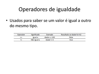 Operadores de igualdade
• Usados para saber se um valor é igual a outro
do mesmo tipo.
 