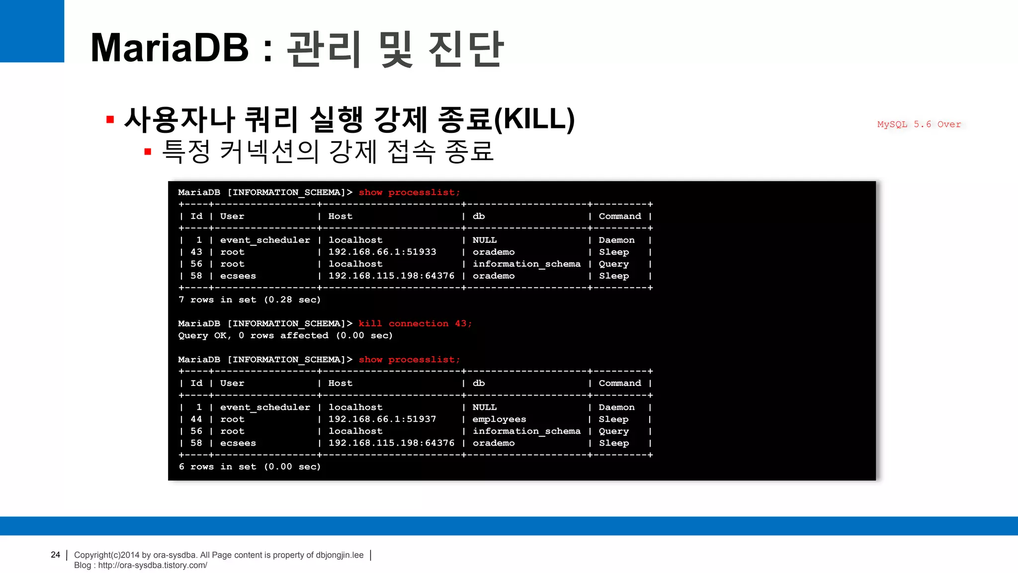 Copyright(c)2014 by ora-sysdba. All Page content is property of dbjongjin.lee
Blog : http://ora-sysdba.tistory.com/
24
MariaDB : 관리 및 진단
 사용자나 쿼리 실행 강제 종료(KILL)
 특정 커넥션의 강제 접속 종료
MySQL 5.6 Over
MariaDB [INFORMATION_SCHEMA]> show processlist;
+----+-----------------+-----------------------+--------------------+---------+
| Id | User | Host | db | Command |
+----+-----------------+-----------------------+--------------------+---------+
| 1 | event_scheduler | localhost | NULL | Daemon |
| 43 | root | 192.168.66.1:51933 | orademo | Sleep |
| 56 | root | localhost | information_schema | Query |
| 58 | ecsees | 192.168.115.198:64376 | orademo | Sleep |
+----+-----------------+-----------------------+--------------------+---------+
7 rows in set (0.28 sec)
MariaDB [INFORMATION_SCHEMA]> kill connection 43;
Query OK, 0 rows affected (0.00 sec)
MariaDB [INFORMATION_SCHEMA]> show processlist;
+----+-----------------+-----------------------+--------------------+---------+
| Id | User | Host | db | Command |
+----+-----------------+-----------------------+--------------------+---------+
| 1 | event_scheduler | localhost | NULL | Daemon |
| 44 | root | 192.168.66.1:51937 | employees | Sleep |
| 56 | root | localhost | information_schema | Query |
| 58 | ecsees | 192.168.115.198:64376 | orademo | Sleep |
+----+-----------------+-----------------------+--------------------+---------+
6 rows in set (0.00 sec)
 