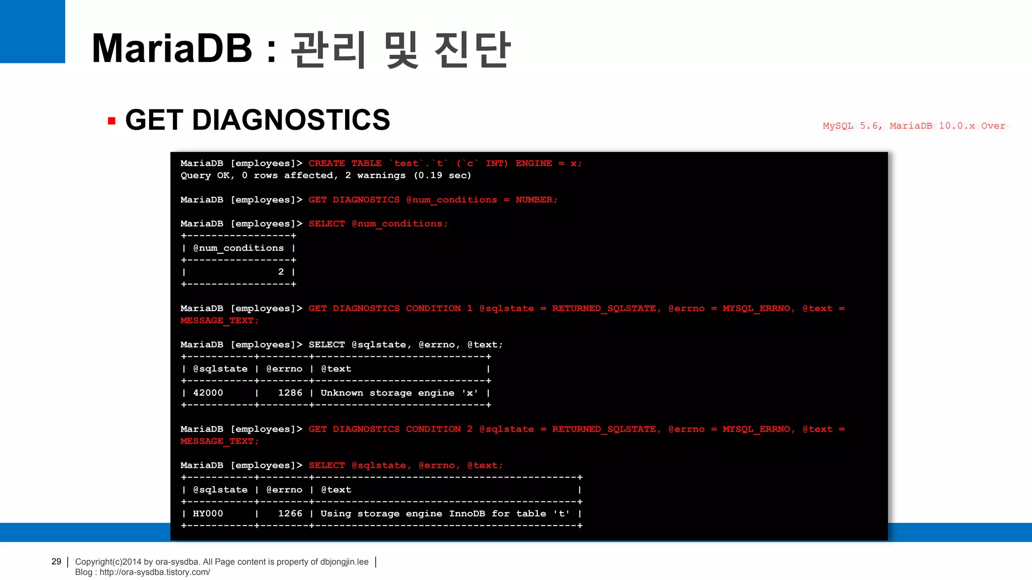 Copyright(c)2014 by ora-sysdba. All Page content is property of dbjongjin.lee
Blog : http://ora-sysdba.tistory.com/
29
MariaDB : 관리 및 진단
 GET DIAGNOSTICS MySQL 5.6, MariaDB 10.0.x Over
MariaDB [employees]> CREATE TABLE `test`.`t` (`c` INT) ENGINE = x;
Query OK, 0 rows affected, 2 warnings (0.19 sec)
MariaDB [employees]> GET DIAGNOSTICS @num_conditions = NUMBER;
MariaDB [employees]> SELECT @num_conditions;
+-----------------+
| @num_conditions |
+-----------------+
| 2 |
+-----------------+
MariaDB [employees]> GET DIAGNOSTICS CONDITION 1 @sqlstate = RETURNED_SQLSTATE, @errno = MYSQL_ERRNO, @text =
MESSAGE_TEXT;
MariaDB [employees]> SELECT @sqlstate, @errno, @text;
+-----------+--------+----------------------------+
| @sqlstate | @errno | @text |
+-----------+--------+----------------------------+
| 42000 | 1286 | Unknown storage engine 'x' |
+-----------+--------+----------------------------+
MariaDB [employees]> GET DIAGNOSTICS CONDITION 2 @sqlstate = RETURNED_SQLSTATE, @errno = MYSQL_ERRNO, @text =
MESSAGE_TEXT;
MariaDB [employees]> SELECT @sqlstate, @errno, @text;
+-----------+--------+-------------------------------------------+
| @sqlstate | @errno | @text |
+-----------+--------+-------------------------------------------+
| HY000 | 1266 | Using storage engine InnoDB for table 't' |
+-----------+--------+-------------------------------------------+
 