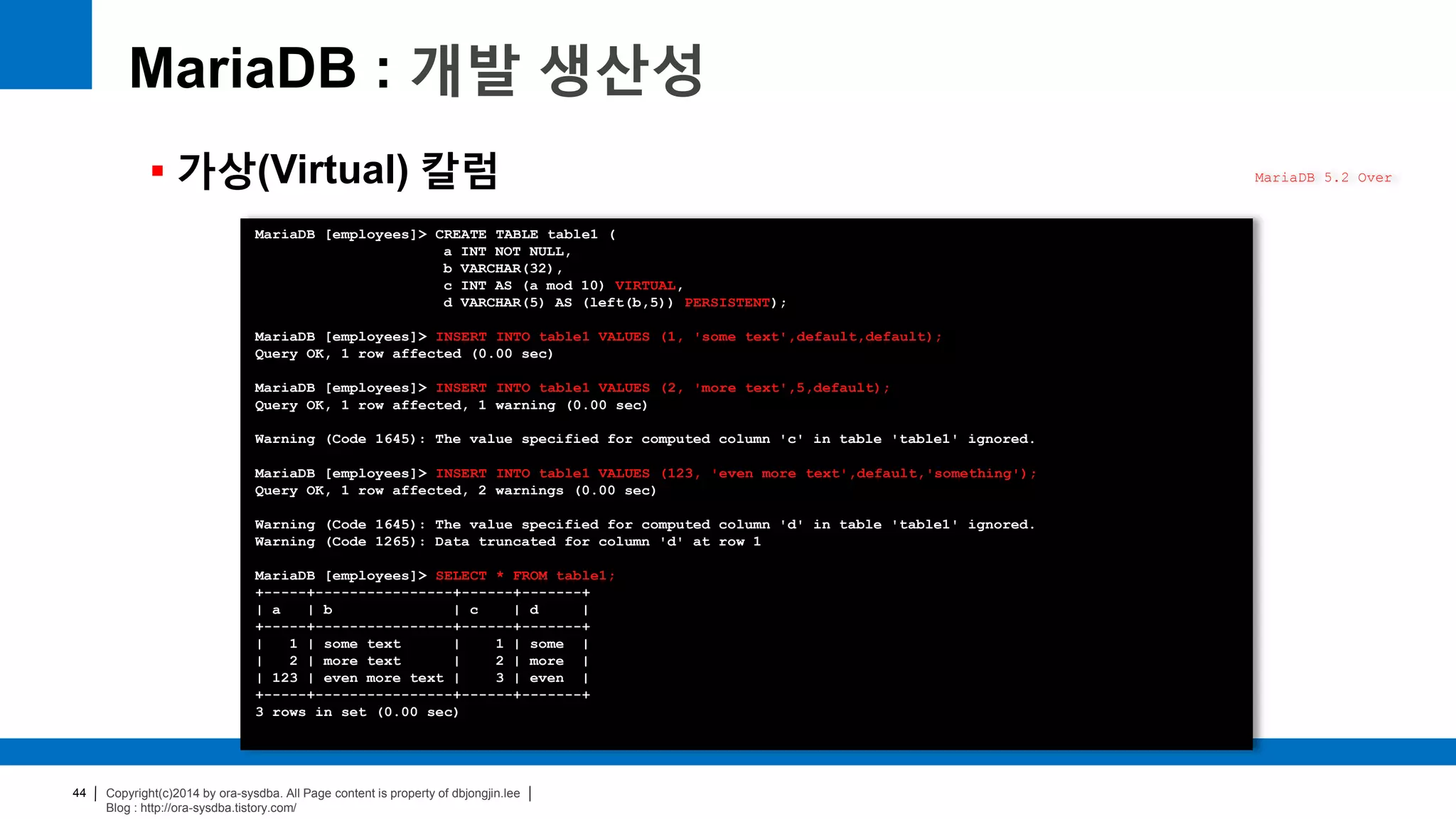 Copyright(c)2014 by ora-sysdba. All Page content is property of dbjongjin.lee
Blog : http://ora-sysdba.tistory.com/
44
MariaDB : 개발 생산성
 가상(Virtual) 칼럼 MariaDB 5.2 Over
MariaDB [employees]> CREATE TABLE table1 (
a INT NOT NULL,
b VARCHAR(32),
c INT AS (a mod 10) VIRTUAL,
d VARCHAR(5) AS (left(b,5)) PERSISTENT);
MariaDB [employees]> INSERT INTO table1 VALUES (1, 'some text',default,default);
Query OK, 1 row affected (0.00 sec)
MariaDB [employees]> INSERT INTO table1 VALUES (2, 'more text',5,default);
Query OK, 1 row affected, 1 warning (0.00 sec)
Warning (Code 1645): The value specified for computed column 'c' in table 'table1' ignored.
MariaDB [employees]> INSERT INTO table1 VALUES (123, 'even more text',default,'something');
Query OK, 1 row affected, 2 warnings (0.00 sec)
Warning (Code 1645): The value specified for computed column 'd' in table 'table1' ignored.
Warning (Code 1265): Data truncated for column 'd' at row 1
MariaDB [employees]> SELECT * FROM table1;
+-----+----------------+------+-------+
| a | b | c | d |
+-----+----------------+------+-------+
| 1 | some text | 1 | some |
| 2 | more text | 2 | more |
| 123 | even more text | 3 | even |
+-----+----------------+------+-------+
3 rows in set (0.00 sec)
 
