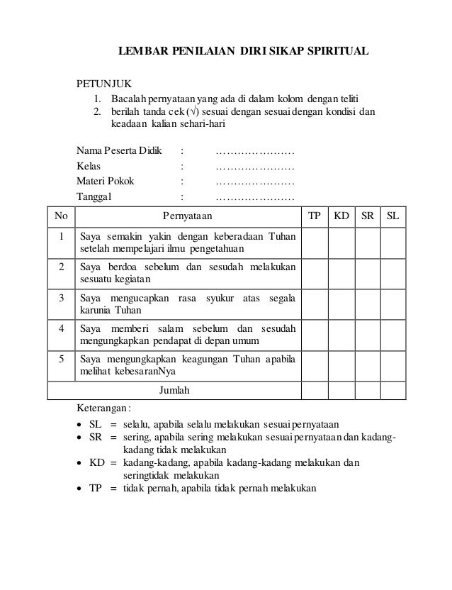 instrumen lembar penilaian  diri sikap 