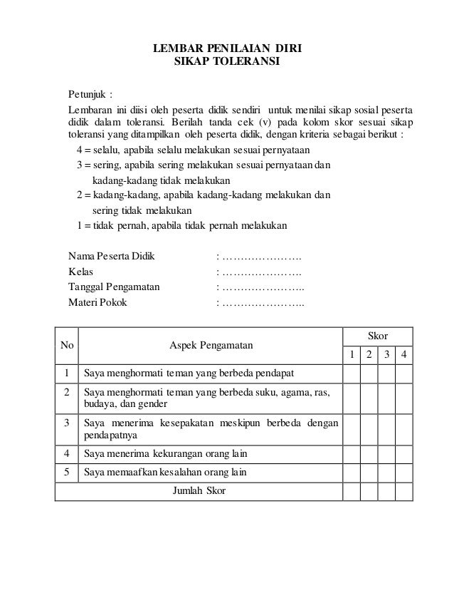 instrumen lembar penilaian diri (sikap)