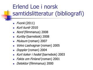 Erlend Loe i norsk 
samtidslitteratur (bibliografi) 
 Fvonk (2011) 
 Kurt kurér 2010 
 Nord (filmmanus) 2008 
 Kurtby (barnebok) 2008 
 Muleum (roman) 2007 
 Volvo Lastvagnar (roman) 2005 
 Doppler (roman) 2004 
 Kurt koker i hodet (barnebok) 2003 
 Fakta om Finland (roman) 2001 
 Detektor (filmmanus) 2000 
 