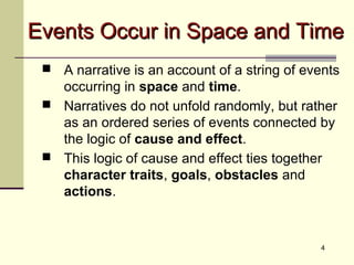EEvveennttss OOccccuurr iinn SSppaaccee aanndd TTiimmee 
 A narrative is an account of a string of events 
4 
occurring in space and time. 
 Narratives do not unfold randomly, but rather 
as an ordered series of events connected by 
the logic of cause and effect. 
 This logic of cause and effect ties together 
character traits, goals, obstacles and 
actions. 
 