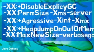 -XX:+DisableExplicyGC 
-server 
-Xms 
-Xint -Xmx 
-XX:PermSize 
-XX:+Agressive 
-XX:+HeapdumpOnOutOfMemory 
-XX:MaxNewSize 
-verbosegc 
Java Options 
 