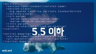 <servlet> 
<servlet-name>invoker</servlet-name> 
<servlet-class> 
org.apache.catalina.servlets.InvokerServlet 
</servlet-class> 
<init-param> 
<param-name>debug</param-name> 
<param-value>0</param-value> 
</init-param> 
<load-on-startup>2</load-on-startup> 
</servlet> 
! 
<servlet-mapping> 
<servlet-name>invoker</servlet-name> 
<url-pattern>/servlet/*</url-pattern>! 
</servlet-mapping> 
web.xml 
5.5 이하 
 