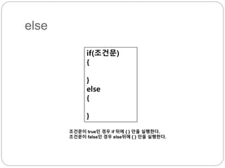 else 
if(조건문) 
{ 
} 
else 
{ 
} 
조건문이 true인 경우 if 뒤에 { } 안을 실행한다. 
조건문이 false인 경우 else뒤에 { } 안을 실행한다. 
 