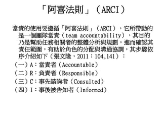 「阿喜法則」（ARCI） 
當責的使用要遵循「阿喜法則」（ARCI），它所帶動的 
是一個團隊當責（team accountability），其目的 
乃是幫助任務相關者的整體分析與規劃，進而確認其 
責任範圍，有助於角色的分配與溝通協調，其步驟依 
序介紹如下（張文隆，2011：104,141）： 
（一）A：當責者（Accountable） 
（二）R：負責者（Responsible） 
（三）C：事先諮詢者（Consulted） 
（四）I：事後被告知者（Informed） 
 