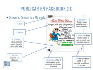 PUBLICAR EN FACEBOOK (II) 
➔ Comenta, Comparte y Me gusta 
3. Me gusta 
ubicación a tu 
publicación 
5. Compartir. 
Agregas lo que 
estás haciendo o 
cómo te sientes 
6. Comentar. 
Indica con quien 
quieres compartir 
dicha publicación 
7. Emoticonos.Pulsa 
el botón cuando ya 
este preparado para 
difundir tu mensaje 
7. Foto.Pulsa el botón 
cuando ya este 
preparado para difundir 
tu mensaje 
7. Comentario.Pulsa el 
botón cuando ya este 
preparado para difundir 
tu mensaje 
1. Autor. 
2. Mensje 
 