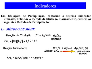 Indicadores 
Em titulações de Precipitação, conforme o sistema indicador 
utilizado, define-se o método de titulação. Basicamente, existem os 
seguintes Métodos de Precipitação: 
1.- MÉTODO DE MÖHR 
Reação de Titulação: Cl- + Ag+ AgCl(s) 
KPS1 = [Cl-][Ag+] = 1,0 x 10-10 
BRANCA 
AMARELADA 
KPS2 = [CrO4 
=][Ag+]2 = 1,0x10-12 
VERMELHO 
TIJOLO 
Reação Indicadora: Cro4 
=+ 2 Ag+ Ag2CrO4 (s) 
 