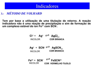 Indicadores 
3.- MÉTODO DE VOLHARD 
Tem por base a utilização de uma titulação de retorno. A reação 
indicadora não é uma reação de precipitação e sim de formação de 
um complexo estável do íon Fe3+ com SCN-. 
Cl-- + Ag+ AgCl(s) 
INCOLOR COR BRANCA 
Ag+ + SCN- AgSCN(s) 
INCOLOR COR BRANCA 
Fe3+ + SCN- FeSCN2+ 
COR INCOLOR VERMELHO TIJOLO 
