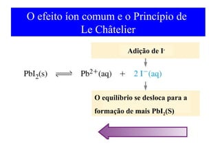 O efeito íon comum e o Princípio de 
Le Châtelier 
Adição de I-O 
equilíbrio se desloca para a 
formação de mais PbI2(S) 
 