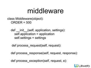 middleware
class Middleware(object):
ORDER = 500
def __init__(self, application, settings):
self.application = application
self.settings = settings
def process_request(self, request):
def process_response(self, request, response):
def process_exception(self, request, e):
 