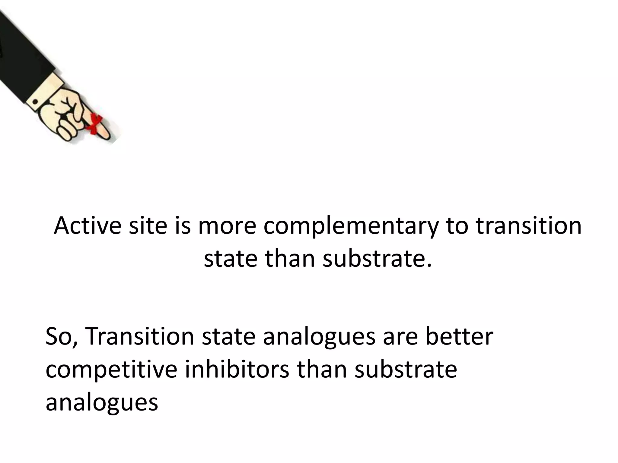 Active site is more complementary to transition
state than substrate.
So, Transition state analogues are better
competitive inhibitors than substrate
analogues
 