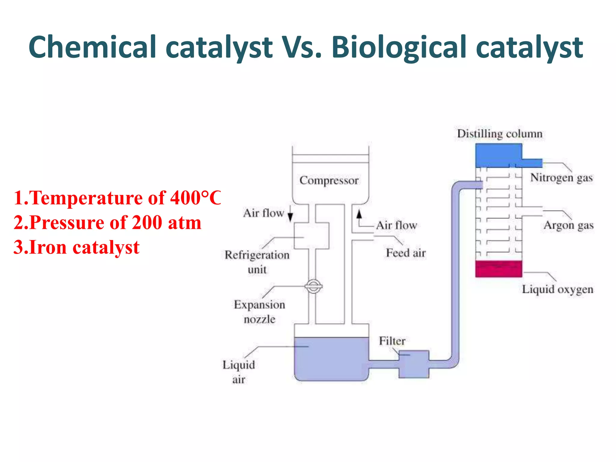Chemical catalyst Vs. Biological catalyst
1.Temperature of 400°C
2.Pressure of 200 atm
3.Iron catalyst
 