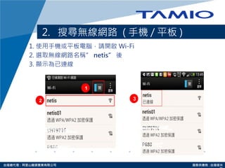 http://www.tamio.com.tw台灣總代理 : 阿里山龍頭實業有限公司 服務供應商 : 台灣塔米
2. 搜尋無線網路 ( 手機 / 平板 )
1. 使用手機或平板電腦，請開啟 Wi-Fi
2. 選取無線網路名稱” netis” 後
3. 顯示為已連線
12 3
1
 
