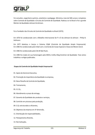 Segurança do Trabalho 155 Módulo IV
Foi consultor, engenheiro químico, estatístico e pedagogo. Ministrou mais de 500 cursos e simpósios
sobre Controle de Qualidade e Círculos de Controle de Qualidade. Radicou se no Brasil e foi o grande
Mentor da Qualidade Johnson & Johnson.
Foi o fundador dos Círculos de Controle de Qualidade no Brasil (1972).
Em 1976 foi condecorado com a Medalha Internacional de P e D da Johnson & Johnson - Philip B.
Hofmann.
Em 1977 idealizou e lançou o Sistema CQAE (Controle de Qualidade Amplo Empresarial).
Em 1985 foi condecorado pela Imbel com a Comenda de Corpo Especial e Classe de Mestre Geral.
Em 1985 foi condecorado pela O & M São Paulo.
Em 1985 foi criado em sua homenagem pelo MCB o troféu Oleg Greshner de Qualidade. Teve vários
trabalhos e artigos publicados.
Etapas do Controle de Qualidade Amplo Empresarial:
01. Apoio da Gerencia Executiva,
02. Promoção da importância da Qualidade na empresa,
03. Nova filosofia de Controle de Qualidade,
04. Treinamento,
05. C.C.Q.,
06. Atendimento e prazo de entrega,
07. Garantia da Qualidade dos produtos e serviços,
08. Controle em processo pela produção,
09. C.Q. estruturados e eficientes,
10. Objetivos da empresa em 3ª dimensão,
11. Distribuição de responsabilidades,
12. Planejamento eficiente,
13. Normalização,
 
