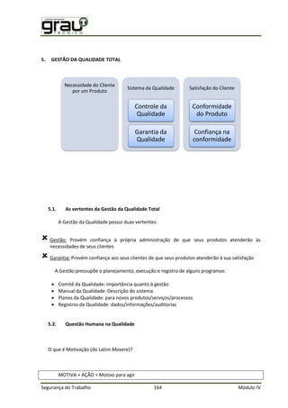 Segurança do Trabalho 164 Módulo IV
5. GESTÃO DA QUALIDADE TOTAL
5.1. As vertentes da Gestão da Qualidade Total
A Gestão da Qualidade possui duas vertentes:
Gestão: Provém confiança à própria administração de que seus produtos atenderão às
necessidades de seus clientes
Garantia: Provém confiança aos seus clientes de que seus produtos atenderão à sua satisfação
A Gestão pressupõe o planejamento, execução e registro de alguns programas:
 Comitê da Qualidade: importância quanto à gestão
 Manual da Qualidade: Descrição do sistema
 Planos da Qualidade: para novos produtos/serviços/processos
 Registros da Qualidade: dados/informações/auditorias
5.2. Questão Humana na Qualidade
O que é Motivação (do Latim Movere)?
MOTIVA + AÇÃO = Motivo para agir
Necessidade do Cliente
por um Produto
Sistema da Qualidade
Controle da
Qualidade
Garantia da
Qualidade
Satisfação do Cliente
Conformidade
do Produto
Confiança na
conformidade
 