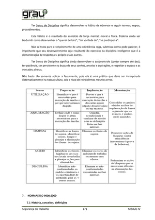 Segurança do Trabalho 171 Módulo IV
Ter Senso de Disciplina significa desenvolver o hábito de observar e seguir normas, regras,
procedimentos.
Este hábito é o resultado do exercício da força mental, moral e física. Poderia ainda ser
traduzido como desenvolver o "querer de fato", "ter vontade de", "se predispor a".
Não se trata puro e simplesmente de uma obediência cega, submissa como pode parecer, é
importante que seu desenvolvimento seja resultante do exercício da disciplina inteligente que é a
demonstração de respeito a si próprio e aos outros.
Ter Senso de Disciplina significa ainda desenvolver o autocontrole (contar sempre até dez),
ter paciência, ser persistente na busca de seus sonhos, anseios e aspirações, e respeitar o espaço e as
vontades alheias.
Não basta tão somente aplicar a ferramenta, pois ela é uma prática que deve ser incorporada
sistematicamente na nossa cultura, sob o risco de reincidirmos mesmos erros.
7. NORMAS ISO 9000:2000
7.1 História, conceitos, definições
 
