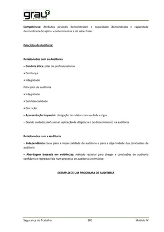 Segurança do Trabalho 180 Módulo IV
Competência: Atributos pessoais demonstrados e capacidade demonstrada e capacidade
demonstrada de aplicar conhecimentos e de saber fazer.
Princípios da Auditoria:
Relacionados com os Auditores
– Conduta ética: pilar do profissionalismo
• Confiança
• ntegridade
Princípios de auditoria
• ntegridade
• Confidencialidade
• Discrição
– Apresentação imparcial: obrigação de relatar com verdade e rigor
– Devido cuidado profissional: aplicação de diligência e de discernimento na auditoria.
Relacionados com a Auditoria
– Independência: base para a imparcialidade da auditoria e para a objetividade das conclusões da
auditoria
– Abordagem baseada em evidências: método racional para chegar a conclusões de auditoria
confiáveis e reprodutíveis num processo de auditoria sistemático
EXEMPLO DE UM PROGRAMA DE AUDITORIA
 