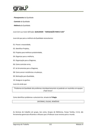 Segurança do Trabalho 152 Módulo IV
- Planejamento da Qualidade
- Controle da Qualidade
- Melhoria da Qualidade.
Juran tem sua maior definição: QUALIDADE - "ADEQUAÇÃO PARA O USO"
Juran diz que para a melhoria da Qualidade necessitamos:
01. Provar a necessidade,
02. Identificar Projetos,
03. Projetos para melhorar produtividade,
04. Organizar para a melhoria,
05. Organização para a Diagnose,
06. Como controlar erros,
07. As ferramentas para a Diagnose,
08. Como vencer resistências a mudanças,
09. Motivação para Qualidade,
10. Assegurar os ganhos.
Juran diz ainda que:
“Problemas de Qualidade são problemas interdepartamentais só podendo ser resolvidos em equipes
(Task Force)”.
Como identificar problemas e solucioná-los: através da Trilogia.
SINTOMAS, CAUSAS, REMÉDIOS
As técnicas de trabalho em grupo, tais como, Grupos de Melhorias, Forças Tarefas, C.C.Q. são
ferramentas gerenciais eficientes e eficazes que o Professor Juran ensinou para o mundo.
 
