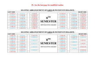 Pl . See the last page for modified routine
SEATING ARRANGEMENT OF LH32 (B.TECH/EVEN/2014-2015)
LEFT SIDE RIGHT SIDE
11/CSE/17 11/IT/21 11/EE/07
8TH
SEMESTER
OPEN ELECTIVES/ 30.04.2015
11/CSE/19 11/IT/36 11/EE/14
11/IT/57 11/EE/40 11/CSE/22 11/IT/59 11/EE/48 11/CSE/30
11/CSE/36 11/IT/64 11/EE/62 11/CSE/43 11/IT/75 11/EE/72
11/CSE/16 11/EE/76 11/CSE/46 11/CSE/18 11/ECE/01 11/CSE/47
11/CSE/65 11/CSE/28 11/ECE/03 11/CSE/88 11/CSE/37 11/ECE/06
11/CSE/39 11/ECE/08 11/CE/34 11/CSE/50 11/ECE/09 11/CE/50
11/CE/52 11/CSE/55 11/ECE/10 11/CE/62 11/CSE/60 11/ECE/13
11/CSE/86 11/ECE/19 11/ME/07 11/CSE/87 11/ECE/20 11/ME/08
11/ME/18 11/CSE/89 11/ECE/26 11/ME/25 11/CE/01 11/ECE/27
11/CE/14 11/ECE/34 11/ME/27 11/CE/28 11/ECE/53 11/ME/63
SEATING ARRANGEMENT OF LH34 (B.TECH/EVEN/2014-2015)
LEFT SIDE RIGHT SIDE
11/ME/76 11CE/60 11/ECE/56
8TH
SEMESTER
OPEN ELECTIVES/ 30.04.2015
11/ME/84 11/ME/23 11/ME/113
11/ME/30 11/ME/94 11/ECE/51 11/ME/33 11/ECE/79 11/ECE/83
11/ME/126 11/ME/48 11/ME/133 11/ME/50
11/ME/53 11/EE/26 11/ECE/54 11/ME/69 11/EE/39
11/EE/42 11/ME/72 11/EE/49 11/ME/83
11/ME/90 11/EE/82 11/ECE/57 11/ME/100 11/EE/97
11/ECE/35 11/ME/129 11/ECE/43 11/EE/01
11/EE/02 11/ECE/49 11/ECE/61 11/EE/34 11/ECE/50
11/ECE/64 11/EE/61 11/ECE/68 11/EE/84
11/EE/85 11/ECE/78 11/ECE/67 11/ECE/02 11/ECE/86
11/ECE/88 11/ECE/22 11/ECE/31 11/ECE/39
 