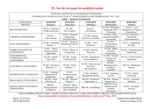 Pl . See the last page for modified routine
NATIONAL INSTITUTE OF TECHNOLOGY DURGAPUR
EXAMINATION SCHEDULE for B.TECH. 4TH
SEMESTER(REGULAR) EXAMINATION, 2014 - 2015
TIME : 02.00 PM TO 05.00 PM
DATE & DAY 21.04.2015
(Tuesday)
23.04.2015
(Thursday)
27.04.2015
(Monday)
29.04.2015
(Wednesday)
01.05.2015
(Friday)BRANCH
BIO TECHNOLOGY
BT 401 : Structure
of Macromolecules
BT 402 :
Bio-chemistry
BT 403 :
Cell Biology
BT 404 : Molecular
Biology & rDNA
Technology
CH 431 : Unit
Operations of Chemical
Engineering I
CHEMICAL ENGINEERING
CH 401 :
Heat Transfer
CH 402: Chemical
Engineering.
Thermodynamics
CH 403 : Energy
Sources & Utilization
CH 404 : Safety
and Environmental
Engineering
CY 431 : Chemistry - 3
(Physical &
Electrochemical)
CIVIL ENGINEERING
CE 401 : Structural
Analysis - I
CE 402 : Design of
Reinforced Concrete
- I
CE 403 : Soil
Mechanics
CE 404 :
Transportation
Engineering - I
ES 431 : Engineering
Geology
COMPUTER SCIENCE &
ENGINEERING
CS 401 : Micro-
processor and its
Applications
CS 402 : Theory of
Computation
CS 403 : Discrete
Structures
CS 404 : Object
Oriented
Programming
EC 431 : Communication
Engineering
ELECTRONICS &
COMMUNICATION
ENGINEERING
EC 401 : Digital
Electronics
EC 402 : Analog
Communication
EC 403 : Engineering
Electromagnetics
EC 404 : Network
Analysis and
Synthesis
EE 431 : Control System
Engineering
ELECTRICAL ENGINEERING
EE 401 : Electrical
Machines - I
EE 402 : Power
Systems - I
EE 403 : Electrical and
Electronic
Measurements
EE 404 :
Microprocessors
and Micro-
controllers
ME 432 : Mechanical
Science
INFORMATION TECHNOLOGY
IT 401 : Computer
Organization &
Architecture
IT 402 :
Communication
Systems
IT 403 : Database
Management System
IT 404 : Operating
System
EC 432 : Digital
Electronics
MECHANICAL ENGINEERING
ME 401 : Fluid
Mechanics II
ME 402 : Machine
Design - I
ME 403 : Production
Engineering - I
ME 404 : Thermal
Engineering - I
EE 431 : Electrical
Machines
METALLURGY & MATERIALS
ENGINEERING
MM 401 :
Thermodynamics
of Materials
MM 402 : Phase
Transformation and
Phase Equilibria
MM 403 : Iron Making
MM 404 : X-ray
Diffraction and
Electron
Microscopy
ES 432 : Economic
Geology
THE EXAMINEES MUST CARRY THEIR STUDENT IDENTITY CARD AND ADMIT CARD IN THE EXAMINATION HALL
Due to unavoidable circumstance, Exam schedules may extend up to 6th
May, 2015.
Dated: 25.02.2015 SOMNATH KARMAKAR
NIT DURGAPUR Faculty in-Charge (A/E)
 