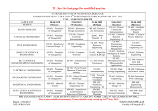 Pl . See the last page for modified routine
NATIONAL INSTITUTE OF TECHNOLOGY, DURGAPUR
EXAMINATION SCHEDULE for B.TECH. 6TH
SEMESTER(REGULAR) EXAMINATION, 2014 - 2015
TIME : 02.00 PM TO 05.00 PM
DATE & DAY 20.04.2015
(Monday)
22.04.2015
(Wednesday)
24.04.2015
(Friday)
28.04.2015
(Tuesday)
30.04.2015
(Thursday)BRANCH
BIO TECHNOLOGY
MS 631 : Principles
of Management
BT 601 : Bioreactor
Design and analysis
BT 602 : Genetics
and Biostatistics
CH 631 : Process
Control and
Instrumentation
CS 631 : Data Base
Management
System
CHEMICAL ENGINEERING
MS 631 : Principles
of Management
CH 601 : Process
Control &
Instrumentation
CH 602 : Mass
Transfer - II
CH 603 : Chemical
Reaction
Engineering - II
CH 604 : Chemical
Process Industries -
I
CIVIL ENGINEERING
CE 601 : Reinforced
Concrete Design - II
CE 602 : Foundation
Engineering
CE 603 : Water
Resources
Engineering
CE 605 :
Construction
Planning and
Management
CE 604 :
Environment
Engineering - II
COMPUTER SCIENCE &
ENGINEERING
MS 631 : Principles
of Management
CS 601 : Computer
Networks
CS 602 : Algorithm
Analysis & Design
CS 603 : Artificial
Intelligence & Expert
Systems
CS 604 : Software
Engineering
ELECTRONICS &
COMMUNICATION ENGINEERING
MS 631 : Principles
of Management
EC 601 : Transmission
Lines
EC 603 : Power
Electronics
EC 602 :
Microprocessor and
Microcontroller
Applications
EC 604 : Measure
ment and
Instrumentation
ELECTRICAL ENGINEERING
MS 631 : Principles
of Management
EE 601 : Power System
Operation, Control and
Stability
EE 602 :
Instrumentation
EE 603 : High
Voltage Engineering
EE 604 : Utilization
of Electrical Power
INFORMATION TECHNOLOGY
MS 631 : Principles
of Management
IT 601 : Object Oriented
Technology
IT 602 : Principle
of Language
Translation
IT 603 : Software
Engineering
IT 604 : Internet &
Web Technology
MECHANICAL ENGINEERING
MM 631 : Material
Science
ME 601 : Thermal
Engineering - III
ME 602 :
Production
Engineering - III
ME 603 : Machine
Design - II
ME 604 :
Engineering
Measurements
METALLURGY & MATERIALS
ENGINEERING
MS 631 : Principles
of Management
MM 601 : Imperfection
& Deformation
Behaviour of Materials
MM 602 :
Engineering
Materials
MM 603 : Metal
Forming Technology
MM 604 : Steel
Making
THE EXAMINEES MUST CARRY THEIR STUDENT IDENTITY CARD AND ADMIT CARD IN THE EXAMINATION HALL
Due to unavoidable circumstance, Exam schedules may extend up to 6th
May, 2015.
Dated: 25.02.2015 SOMNATH KARMAKAR
NIT DURGAPUR Faculty in-Charge (A/E)
 