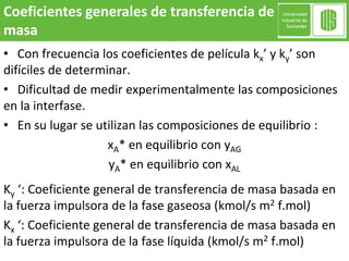 • Con frecuencia los coeficientes de película kx’ y ky’ son
difíciles de determinar.
• Dificultad de medir experimentalmente las composiciones
en la interfase.
• En su lugar se utilizan las composiciones de equilibrio :
xA* en equilibrio con yAG
yA* en equilibrio con xAL
Ky ‘: Coeficiente general de transferencia de masa basada en
la fuerza impulsora de la fase gaseosa (kmol/s m2 f.mol)
Kx ‘: Coeficiente general de transferencia de masa basada en
la fuerza impulsora de la fase líquida (kmol/s m2 f.mol)
Coeficientes generales de transferencia de
masa
 
