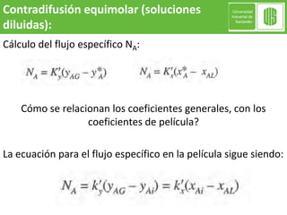 Cálculo del flujo específico NA:
Cómo se relacionan los coeficientes generales, con los
coeficientes de película?
La ecuación para el flujo específico en la película sigue siendo:
Contradifusión equimolar (soluciones
diluidas):
 