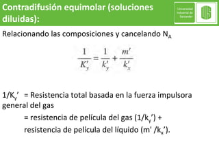 Relacionando las composiciones y cancelando NA
1/Ky’ = Resistencia total basada en la fuerza impulsora
general del gas
= resistencia de película del gas (1/ky’) +
resistencia de película del líquido (m' /kx’).
Contradifusión equimolar (soluciones
diluidas):
 