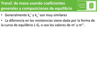 • Generalmente kx’ y ky’ son muy similares
• La diferencia en las resistencias viene dada por la forma de
la curva de equilibrio L-G, o sea los valores de m’ y m’’.
Transf. de masa usando coeficientes
generales y composiciones de equilibrio
 