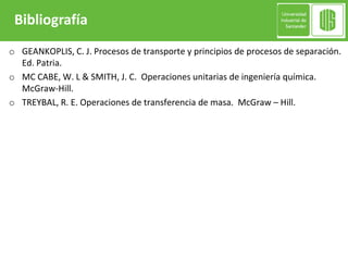 o GEANKOPLIS, C. J. Procesos de transporte y principios de procesos de separación.
Ed. Patria.
o MC CABE, W. L & SMITH, J. C. Operaciones unitarias de ingeniería química.
McGraw-Hill.
o TREYBAL, R. E. Operaciones de transferencia de masa. McGraw – Hill.
Bibliografía
 