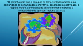 “O caminho para que a paróquia se torne verdadeiramente uma
comunidade de comunidades é inevitável, desafiando a criatividade, o
respeito mútuo, a sensibilidade para o momento histórico e
a capacidade de agir com rapidez” (Doc. 94,62)
 
