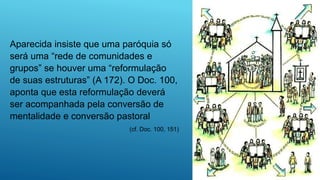 Aparecida insiste que uma paróquia só
será uma “rede de comunidades e
grupos” se houver uma “reformulação
de suas estruturas” (A 172). O Doc. 100,
aponta que esta reformulação deverá
ser acompanhada pela conversão de
mentalidade e conversão pastoral
(cf. Doc. 100, 151)
 