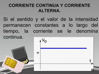 CORRIENTE CONTINUA Y CORRIENTE
ALTERNA.
Si el sentido y el valor de la intensidad
permanecen constantes a lo largo del
tiempo, la corriente se le denomina
continua.
 