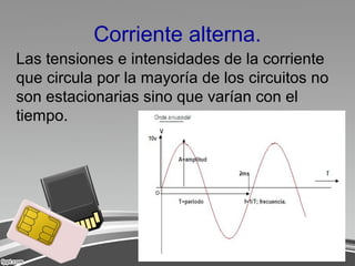 Corriente alterna.
Las tensiones e intensidades de la corriente
que circula por la mayoría de los circuitos no
son estacionarias sino que varían con el
tiempo.
 