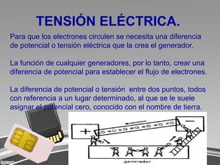 TENSIÓN ELÉCTRICA.
Para que los electrones circulen se necesita una diferencia
de potencial o tensión eléctrica que la crea el generador.
La función de cualquier generadores, por lo tanto, crear una
diferencia de potencial para establecer el flujo de electrones.
La diferencia de potencial o tensión entre dos puntos, todos
con referencia a un lugar determinado, al que se le suele
asignar el potencial cero, conocido con el nombre de tierra.
 