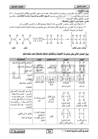 26
‫اىجبة‬‫اىشاثع‬
‫ايعاَة‬ ‫يًجاْوية‬ ‫ايهيُياء‬ ‫يف‬ ٌُ‫املع‬5102
‫اىعضٌيخ‬ ‫اىنيَيبء‬
‫األلكيحات‬ ‫بلمرة‬:
= ‫رررررخ‬‫ر‬١‫اٌغض٠ئ‬ ٗ‫ررررر‬‫ر‬‫(وزٍز‬ ٓ١‫ررررر‬‫ر‬‫اإل٠ض‬ ٓ١‫رررررخ‬‫ر‬‫رغ‬ ‫رررررذ‬‫ر‬ٕ‫فع‬ , ‫ررررربفخ‬‫ر‬‫ثبإلػ‬ ‫رررررٌٛ١ّشاد‬‫ر‬‫ث‬ ٓ٠ٛ‫ررررر‬‫ر‬‫ثزى‬ ‫ررررربد‬‫ر‬ٕ١‫األٌى‬ ‫رررررض‬‫ر‬١ّ‫رز‬28)
( ‫رررررش‬‫ر‬١‫وج‬ ‫رررررغؾ‬‫ر‬‫ػ‬ ‫رررررذ‬‫ر‬‫رؾ‬1111‫رررررٛد‬‫ر‬‫ٚع‬ ٟ‫ررررر‬‫ر‬‫ف‬ )‫ع.ط‬‫ضضضضضٛا‬‫ض‬ّ‫و‬ ‫ضضضضضيذ‬‫ض‬‫األوبع‬ ‫ضضضضضٛق‬‫ض‬‫ف‬ً‫ضضضضض‬‫ض‬‫ٌٍزفبػ‬ ‫ضضضضضخ‬‫ض‬‫ثبدئ‬ ‫د‬ْٛ‫ررررر‬‫ر‬‫٠زى‬ ,
= ‫اٌغض٠ئ١خ‬ ٗ‫(وزٍز‬ ٓ١ٍ١‫اإل٠ض‬ ٌٟٛ‫اٌج‬31111)
: ‫باإلضافة‬ ‫اإليايخ‬ ‫بلمرة‬ ‫ضملية‬ ‫فحير‬
1-‫حُر‬ ‫إلكترون‬ ‫كرتون‬ ‫ذر‬ ‫لكد‬ ‫وٌصت‬ ‫الراتوة‬ ‫ذه‬ ً‫إلكترون‬ ‫وٌتحرر‬ ‫تنكسر‬ ‫تاي‬ ‫الراتوة‬
2-‫أحادٌن‬ ‫مٌة‬ ‫تسا‬ ‫ترواتو‬ ‫تطضها‬ ‫م‬ ‫الحُر‬ ‫إلكتروناتها‬ ‫ورٌق‬ ‫ان‬ ‫الكرتون‬ ‫ذراو‬ ‫ترتتو‬‫سالسند‬ ‫مكوننة‬ ‫ة‬
.‫ُولٌمر‬‫ت‬‫ال‬ ‫جزٌئاو‬ ‫من‬ ‫ووٌلة‬
C
H
H
C
H
H
C
H
H
C
H
H
C
H
H
HC
H
H
C
H
H
C
H
H
H
n
CH
H
H
CH
H
H
CH
H
H
CH
H
H
‫حرارة‬ - ‫غط‬‫ض‬
‫فازة‬ ‫ح‬ ‫عوامل‬
++
‫اصتدداًاتٔا‬ ٍٓ‫وأ‬ ‫باإلضافة‬ ‫اهِاجتة‬ ‫وًصتقاتٔا‬ ‫األهليِات‬ ‫ًومنزات‬ ‫بعض‬ ‫اهتاهي‬ ‫اجلدوي‬ ‫يبني‬
‫املوُوًز‬‫اهبوهيٌز‬‫اهتجاري‬ ٍ‫االص‬‫اخلواص‬‫االصتدداًات‬
C
H
H
C
H
H
ٓ١‫ل٠ض‬
C
H
H
C
H
H
H H
n
ٓ١ٍ١‫ل٠ض‬ ٌٟٛ‫ث‬
ٓ١ٍ١‫ل٠ض‬ ٌٟٛ‫ث‬
ٌ‫ــ‬ٓ١
‫اٌّٛاد‬ ًّ‫ٚ٠زؾ‬
‫١خ‬ ‫اٌى١ّ١ب‬
‫اٌجالعز١ه‬ ‫ٚاألو١بط‬ ‫ك‬ ‫اٌشلب‬
‫اٌجالعز١ه‬ ‫اٌضعبعبد‬
ُ١‫اٌخشاؽ‬
C
H
H
C
CH3
H
ٓ١‫ثشٚث‬
C
H
H
C
CH3
H
H H
n
ٓ١‫ثشٚث‬ ٌٟٛ‫ث‬
ٌٟٛ‫ث‬
ٓ١ٍ١‫ثشٚث‬
P.P
‫ٚطٍت‬ ٞٛ‫ل‬
‫اٌغغبد‬
‫اٌّف‬‫بسػ‬
‫اٌجالعز١ه‬ ‫ش‬ ‫اٌشىب‬
‫اٌّعٍجبد‬
C
H
H
C
H
Cl
ٓ١‫ل٠ض‬ ٚ‫وٍٛس‬
‫(وٍٛس٠ذ‬‫ڤ‬)ً١ٕ١
C
H
H
C
H
Cl
H H
n
‫عذ٠ذ‬)ٌٟٛ‫(ث‬
ٓ١‫ل٠ض‬ ٚ‫وٍٛس‬
ٌٟٛ‫ث‬‫ڤ‬ً١ٕ١
‫وٍٛس٠ذ‬
P.V.C
ٚ‫أ‬ ‫ٚطٍت‬ ٞٛ‫ل‬
ٓ١ٌ
ٟ‫ررررؾ‬‫ر‬‫اٌظ‬ ‫ررررشا‬‫ر‬‫اٌظ‬ ‫رررر١ش‬‫ر‬‫ِٛاع‬
ٞ‫ررش‬‫ر‬ٌ‫ٚا‬–‫ررز١ه‬‫ر‬‫ثالع‬ ‫ررت‬‫ر‬١‫أٔبث‬–
‫رررررخ‬‫ر‬٠‫أؽز‬–ٖ‫رررررب‬‫ر‬١ِ ُ١‫رررررشاؽ‬‫ر‬‫خ‬–
‫رررٛاصي‬‫ر‬‫ع‬‫رررخ‬‫ر‬١ ‫وٙشثب‬ ‫رررالن‬‫ر‬‫أع‬–
‫ررررررررر١بد‬‫ر‬‫األسػ‬–‫ررررررررربد‬‫ر‬‫صعبع‬
‫رررٛد‬‫ر‬٠‫اٌض‬–‫ررر‬‫ر‬‫چ‬‫رررٛد‬‫ر‬٠‫اٌض‬ ٓ‫شاو‬
‫اٌّعذٔ١خ‬
C
F
F
C
F
F
ٟ‫سثبع‬ٚ‫فٍٛس‬
ٓ١‫ل٠ض‬
C
F
F
C
F
F
H H
n
‫عذ٠ذ‬)ٌٟٛ‫(ث‬
ٟ‫سثبع‬ٓ١‫ل٠ض‬ ٚ‫فٍٛس‬
‫ر‬ٍْٛ‫ف‬
ًّ‫٠زؾ‬‫اٌؾشاسح‬
‫٠ٍزظك‬ ‫ال‬
‫عبصي‬‫ٌٍىٙشثبء‬
ًِ‫خب‬
ٟٙ‫اٌط‬ ٟٔ‫أٚا‬ ٓ١‫رجط‬
‫عشاؽ١خ‬ ‫خ١ٛؽ‬
ٓ‫إيثٍي‬ ‫ثٌٛي‬ ‫ثٌٛيّش‬ٓ‫إيثي‬ٓ‫إيثي‬
 