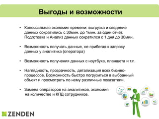 Выгоды и возможности
• Колоссальная экономия времени: выгрузка и сведение
данных сократились с 30мин. до 1мин. за один отчет.
Подготовка и Анализ данных сократился с 1 дня до 30мин.
• Возможность получать данные, не прибегая к запросу
данных у аналитика (оператора)
• Возможность получения данных с ноутбука, планшета и т.п.
• Наглядность, прозрачность, детализация всех бизнес-
процессов. Возможность быстро погрузиться в выбранный
объект и просмотреть по нему различные показатели.
• Замена операторов на аналитиков, экономия
на количестве и КПД сотрудников.
 