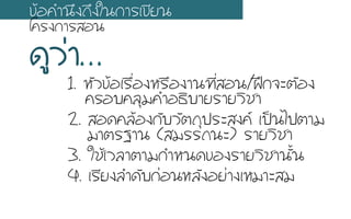 1. ËหÑัÇว¢ขŒŒÍอàเÃร×ืè่Íอ§งËหÃร×ืÍอ§งÒา¹น·ท∙Õีè่ÊสÍอ¹น/½ฝƒƒ¡ก¨จÐะµตÑัÍอ§ง
¤คÃรÍอºบ¤คÅลØุÁม¤คÓำÍอ¸ธÔิºบÒาÂยÃรÒาÂยÇวÔิªชÒา
2. ÊสÍอ´ด¤คÅลŒŒÍอ§ง¡กÑัºบÇวÑัµต¶ถØุ»ปÃรÐะÊส§ง¤ค àเ»ปšš¹นäไ»ปµตÒาÁม
ÁมÒาµตÃร°ฐÒา¹น (ÊสÁมÃรÃร¶ถ¹นÐะ) ÃรÒาÂยÇวÔิªชÒา
3. ãใªชŒŒàเÇวÅลÒาµตÒาÁม¡กÓำËห¹น´ด¢ขÍอ§งÃรÒาÂยÇวÔิªชÒา¹นÑัé้¹น
4. àเÃรÕีÂย§งÅลÓำ´ดÑัºบ¡ก‹‹Íอ¹นËหÅลÑั§งÍอÂย‹‹Òา§งàเËหÁมÒาÐะÊสÁม
¢ขŒŒÍอ¤คÓำ¹นÖึ§ง¶ถÖึ§งãใ¹น¡กÒาÃรàเ¢ขÕีÂย¹น
âโ¤คÃร§ง¡กÒาÃรÊสÍอ¹น
´ดÙูÇว‹‹Òา…
 