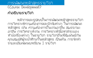 ËหÅลÑั¡ก¡กÒาÃรáแÅลÐะÃรÙู»ปáแºบºบãใ¹น¡กÒาÃร¾พÑั²ฒ¹นÒาËหÅลÑั¡กÊสÙูµตÃรÃรÒาÂยÇวÔิªชÒา
¡กÒาÃรÇวÔิàเ¤คÃรÒาÐะËห¤คÇวÒาÁมµตŒŒÍอ§ง¡กÒาÃรáแÅลÐะ»ป˜˜¨จ¨จÑัÂยµต‹‹Òา§งæๆ ãใ¹น¡กÒาÃร¾พÑั²ฒ¹นÒา
ËหÅลÑั¡กÊสÙูµตÃร àเªช‹‹¹น ¤คÇวÒาÁมµตŒŒÍอ§ง¡กÒาÃรãใ¹น§งÒา¹นÍอÒาªชÕี¾พ ÊสÁมÃรÃร¶ถ¹นÐะ
ÍอÒาªชÕี¾พ ¡กÒาÃรÇวÔิàเ¤คÃรÒาÐะËห§งÒา¹น ¡กÒาÃรÇวÔิàเ¤คÃรÒาÐะËหàเ¹น×ืé้ÍอËหÒาÊสÒาÃรÐะ¢ขÍอ§ง
ËหÑัÇว¢ขŒŒÍอàเÃร×ืè่Íอ§งµต‹‹Òา§งæๆ ãใ¹นÃรÒาÂยÇวÔิªชÒา ÃรÒาÂยÇวÔิªชÒาÍอ×ืè่¹น·ท∙Õีè่ÊสÑัÁม¾พÑั¹น¸ธ¡กÑั¹น
¤คØุ³ณÊสÁมºบÑัµตÔิ¼ผÙูŒŒ¨จÐะàเ¢ขŒŒÒาÈศÖึ¡กÉษÒาãใ¹นËหÅลÑั¡กÊสÙูµตÃร àเ»ปšš¹นµตŒŒ¹น ¡กÒาÃร¨จÑั´ด·ท∙Óำ
ÃรÒาÂยÅลÐะàเÍอÕีÂย´ดáแ¼ผ¹นºบ·ท∙àเÃรÕีÂย¹น 1 ÃรÒาÂยÇวÔิªชÒา
¤คÓำÍอ¸ธÔิºบÒาÂยÃรÒาÂยÇวÔิªชÒา
¡กÒาÃร¾พÑั²ฒ¹นÒาËหÅลÑั¡กÊสÙูµตÃรÃรÒาÂยÇวÔิªชÒา
(Course Development)
 