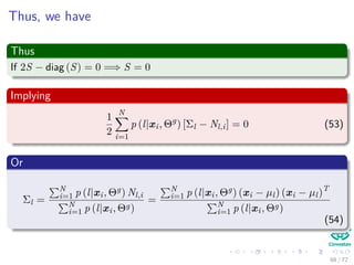 Images/
Thus
We have that for
M
y1=1 · · · M
yN =1
N
i=1 log [αyi
pyi
(xi|θyi
)] N
j=1 p (yj|xj, Θg
) = ∗
∗ =
M
y1=1
M
y2=1
· · ·
M
yN =1
N
i=1
M
l=1
δl,yi
log [αlpl (xi|θl)]
N
j=1
p (yj|xj, Θg
)
=
N
i=1
M
l=1
log [αlpl (xi|θl)]
M
y1=1
M
y2=1
· · ·
M
yN =1

δl,yi
N
j=1
p (yj|xj, Θg
)


Because
M
y1=1
M
y2=1 · · · M
yN =1 applies only to δl,yi
N
j=1 p (yj|xj, Θg)
82 / 126
 