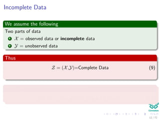 Images/
Clustering
Given a series of data sets
Given the fact that Radial Gaussian Functions are Universal Approximators
.
Samples {x1, x2, ..., xN } are the visible parameters
The Gaussian distributions generating each of the samples are the
hidden parameters
Then, we model the cluster as a mixture of Gaussian’s
14 / 126
 