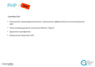 PHP 7
• Улучшение производительности, повышение эффективности использования
ОЗУ
• Типы возвращаемого значения (Return Types)
• Удаление артефактов
• Изменения Extension API
3 декабря 2015
 