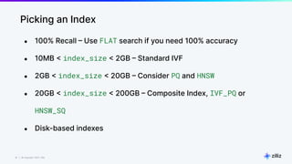 31 | © Copyright 2023 Zilliz
31
Picking an Index
● 100% Recall – Use FLAT search if you need 100% accuracy
● 10MB < index_size < 2GB – Standard IVF
● 2GB < index_size < 20GB – Consider PQ and HNSW
● 20GB < index_size < 200GB – Composite Index, IVF_PQ or
HNSW_SQ
● Disk-based indexes
 